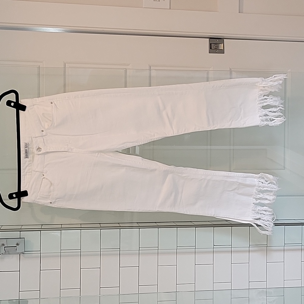 Zara White cropped flare fringe jeans
